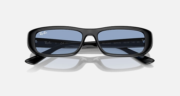 Ray-Ban RB4436D sunglasses with black frame and blue lenses, top view