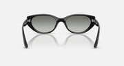 Black cat-eye sunglasses with dark gray lenses and small metal accents at hinges