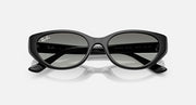 Black cat-eye sunglasses with dark gray gradient lenses and printed temple markings