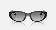 Black cat-eye sunglasses with dark gray lenses, Ray-Ban logo on temples