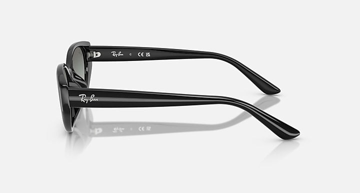 Black sunglasses side view with metal logo on temple and dark gray lens