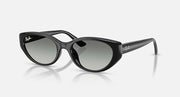 Black cat-eye sunglasses with dark gray mirrored lenses and glossy frame