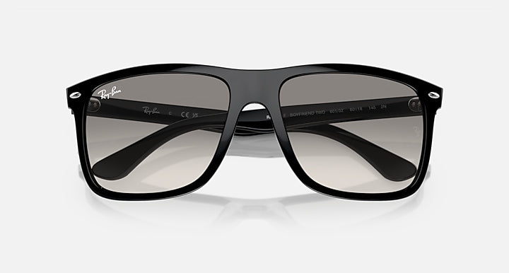 Ray-Ban black square sunglasses with gray lenses, top view