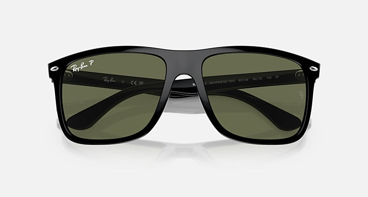 Ray-Ban black square sunglasses with green lenses, top view