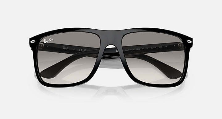 Ray-Ban Boyfriend sunglasses, top view, black frame with grey tinted lenses