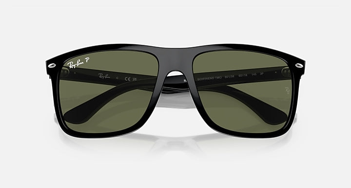 Ray-Ban Boyfriend sunglasses, top view, black frame with olive green lenses