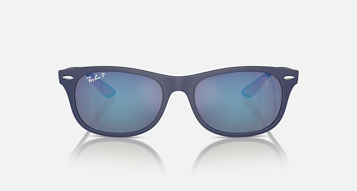 Ray-Ban dark navy sunglasses with mirrored blue lenses, straight-on view
