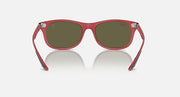 Red acetate sunglasses with olive-green lenses and metal rivet details at hinges