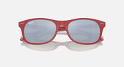 Red acetate square sunglasses with light blue-tinted lenses