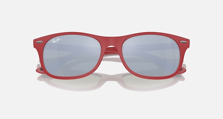 Red acetate square sunglasses with light blue-tinted lenses