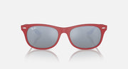 Red acetate square sunglasses with dark gray lenses and subtle logo on temples