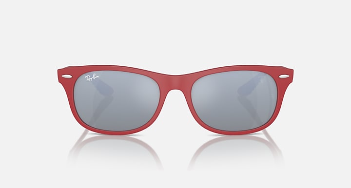 Red acetate square sunglasses with dark gray lenses and subtle logo on temples