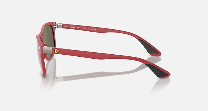 Red sunglasses side profile with black temple tips and metal hinge accents