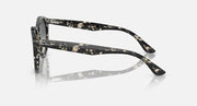 Black round sunglasses side view with dark grey lenses and patterned temple arms