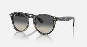 Black round sunglasses with dark grey lenses and tortoise-like temple accents
