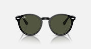 Ray-Ban round sunglasses with dark frames and olive-green lenses, front close-up