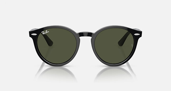 Ray-Ban round sunglasses with dark frames and olive-green lenses, front close-up