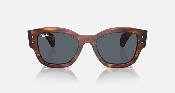 Havana tortoise wayfarer sunglasses with dark grey lenses, logo on temples