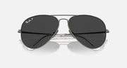 Ray-Ban aviator sunglasses close front view with black lenses and gunmetal metal frame