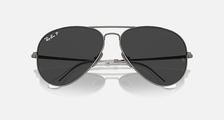 Ray-Ban aviator sunglasses close front view with black lenses and gunmetal metal frame