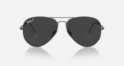 Ray-Ban aviator sunglasses with dark gray-black lenses and slim gunmetal metal frame