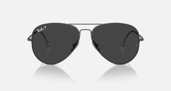 Ray-Ban aviator sunglasses with dark gray-black lenses and slim gunmetal metal frame
