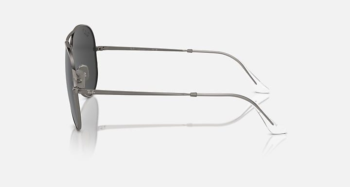 Ray-Ban aviator sunglasses side view with black lenses and gunmetal metal temples