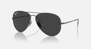 Ray-Ban aviator sunglasses with black lenses and gunmetal frame, metal temple arms