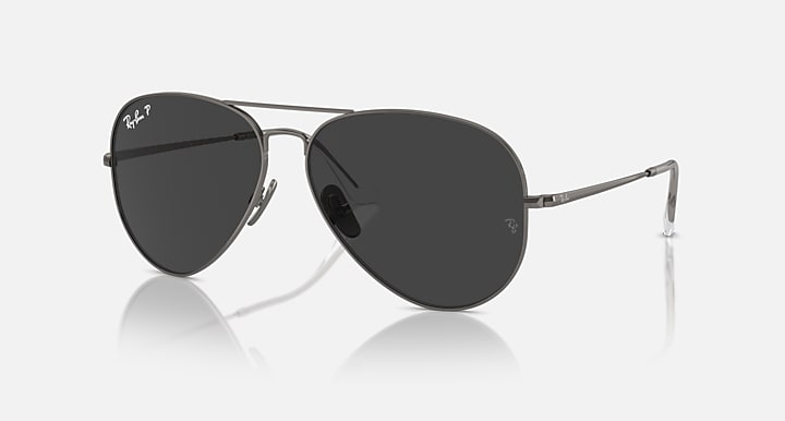Ray-Ban aviator sunglasses with black lenses and gunmetal frame, metal temple arms