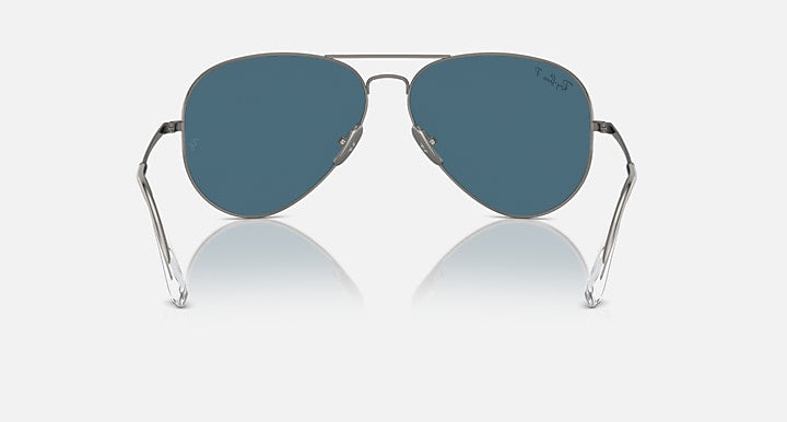 Ray-Ban aviator sunglasses with blue lenses and gunmetal frame, front view