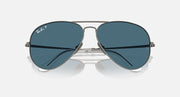 Ray-Ban aviator sunglasses close front view with blue lenses and gunmetal metal frame