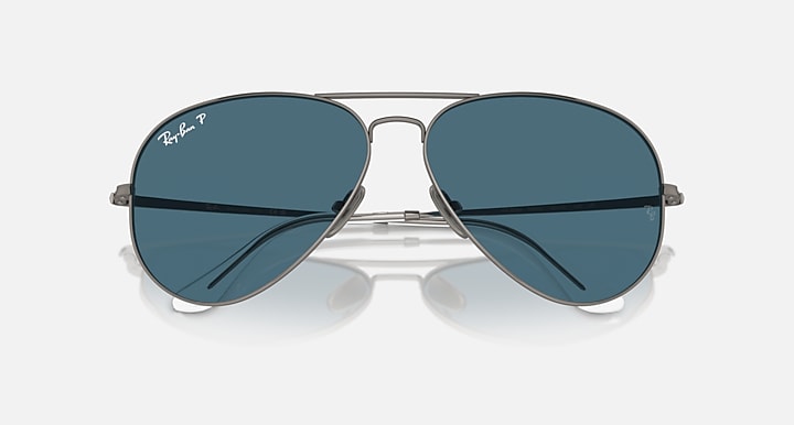 Ray-Ban aviator sunglasses close front view with blue lenses and gunmetal metal frame