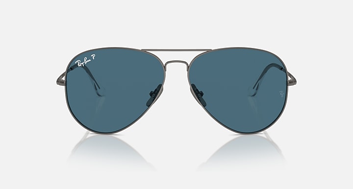 Ray-Ban aviator sunglasses with blue lenses and gunmetal metal frame, front view