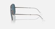 Ray-Ban aviator sunglasses side view with blue tinted lenses and gunmetal temples