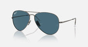 Ray-Ban aviator sunglasses with blue tinted lenses and gunmetal frame, metal temples
