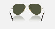 Ray-Ban aviator sunglasses with dark green tinted lenses and gold metal frame, front view