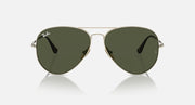 Ray-Ban aviator sunglasses with dark green tinted lenses, front view on gold frame
