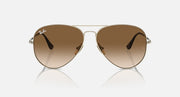 Ray-Ban aviator sunglasses with brown tinted lenses and gold frame, front view