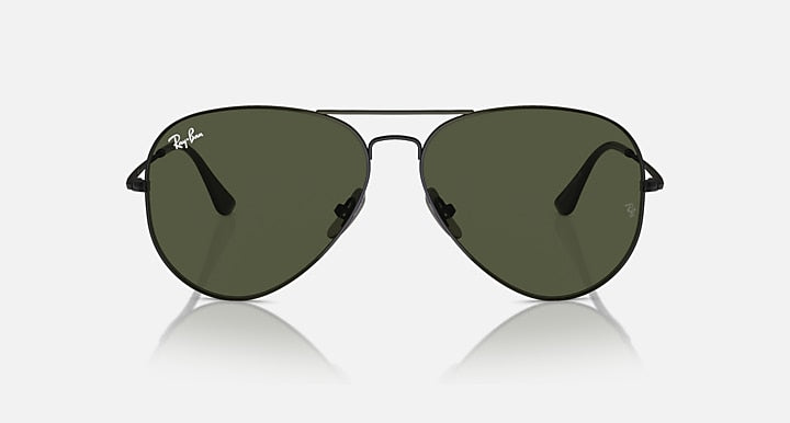 Aviator sunglasses with dark green lenses and matte black frame, front view