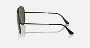 Aviator sunglasses with dark green lenses and matte black frame, side angle view