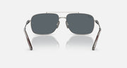 Silver metal rectangle sunglasses with dark gray lenses and curved brow arms
