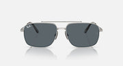Silver metal sunglasses with dark gray square lenses, top bar bridge, Ray-Ban logo