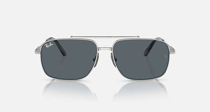 Silver metal sunglasses with dark gray square lenses, top bar bridge, Ray-Ban logo