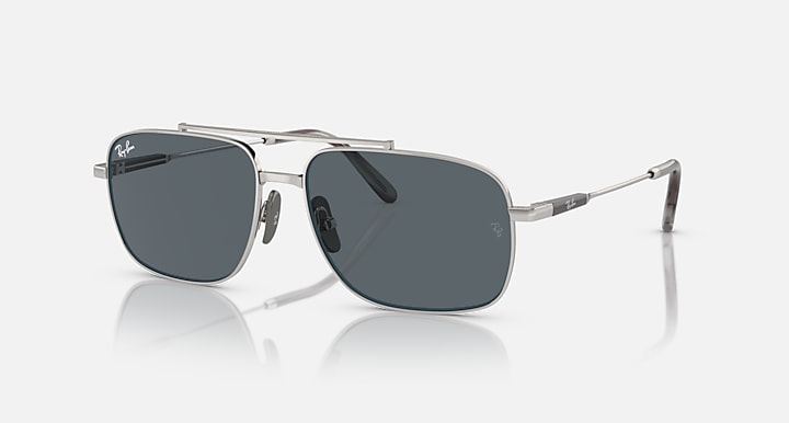 Silver metal square aviator sunglasses with dark gray lenses and Ray-Ban logo