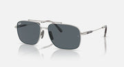 Silver metal square aviator sunglasses with dark gray lenses and Ray-Ban logo
