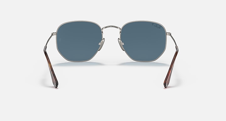 Ray-Ban hexagonal sunglasses front view, blue mirrored lenses, gunmetal frame and bridge