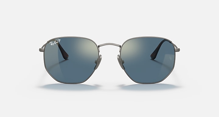 Ray-Ban hexagonal sunglasses with dark blue polarized mirrored lenses, gunmetal frame