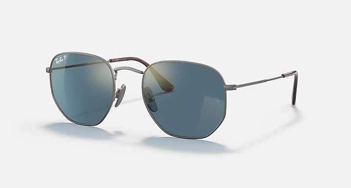 Ray-Ban hexagonal titanium sunglasses with blue mirrored lenses, gunmetal frame