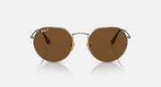 Round brown polarized sunglasses with gold metal frame, front view