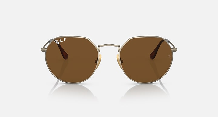 Round brown polarized sunglasses with gold metal frame, front view